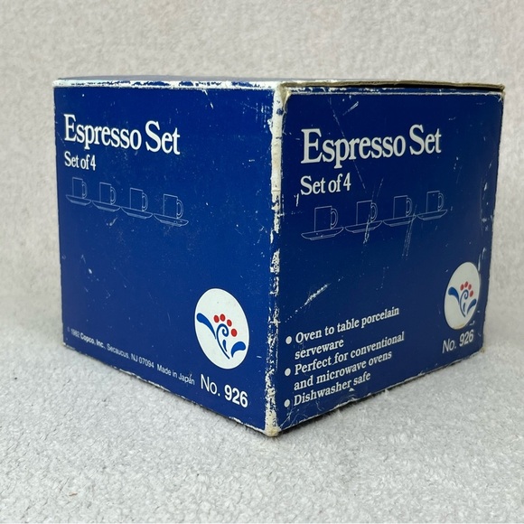 NEW Vintage Copco Fine Porcelain Espresso Mug/Saucer Set of 4-White/Blue/Red-82 - Picture 4 of 10